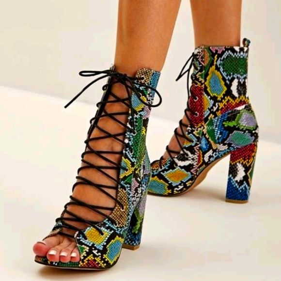 Faux Snakeskin Chunky Heeled Boots - Picture 3 of 7